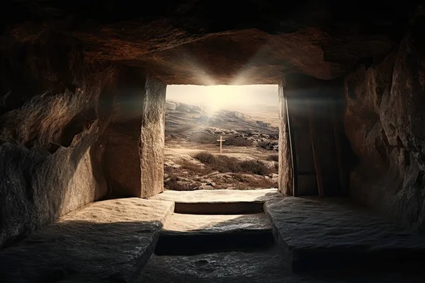 stock image View from an inhabited stone cave with wooden benches. The rays of the spring sun illuminate the stone moat overlooking the Orthodox cross. Religious concept of the bright holiday of Easter