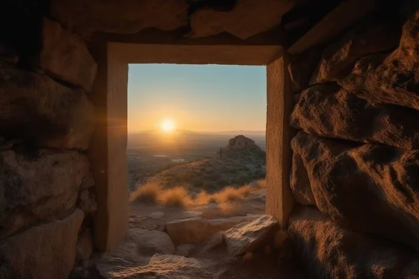 stock image View from an inhabited stone cave with wooden benches. The rays of the spring sun illuminate the stone moat overlooking the Orthodox cross. Religious concept of the bright holiday of Easter