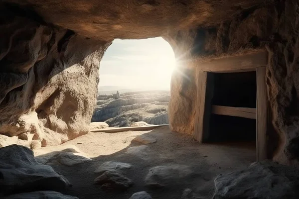Vista Uma Caverna Pedra Habitada Com Bancos Madeira Raios Sol — Fotografia de Stock