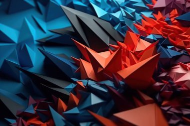 Çokgen soyut arka plan akut açılı çokgen. Gelecekçi çokgen geometrik desenli lüks kırmızı ve mavi