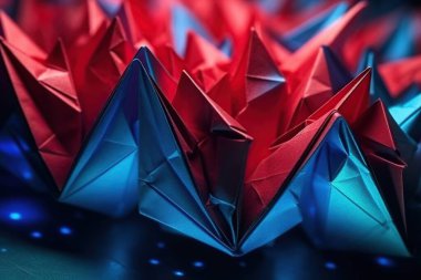 Çokgen soyut arka plan akut açılı çokgen. Gelecekçi çokgen geometrik desenli lüks kırmızı ve mavi