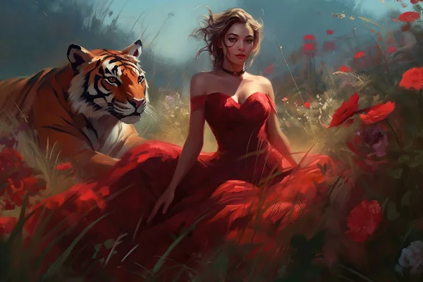 強力な虎とお祝いのヴィンテージ赤いドレスでファッショナブルな若い魅力的な女性 美しさと強さの概念 — ストック写真