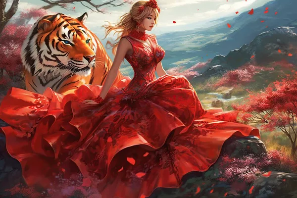 Mulher Atraente Jovem Moda Vestido Vermelho Vintage Festivo Com Tigre — Fotografia de Stock