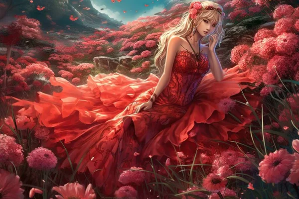 Αφηρημένη Φουτουριστική Όμορφη Γυναίκα Anime Στυλ Ένα Κομψό Κόκκινο Φόρεμα — Φωτογραφία Αρχείου