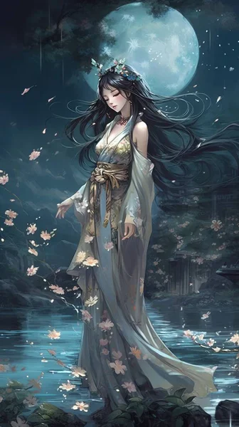 Fabulous cartoon image of a Japanese anime style woman in a chic blue gown in a meadow of flowers, at night on a full moon