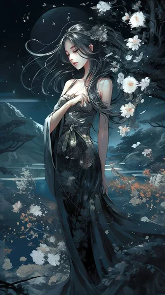 Japon anime tarzı bir kadının muhteşem bir karikatürü. Şık mavi elbiseli, çiçekli bir çayırda, dolunayda.