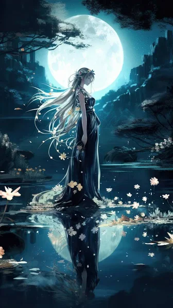 Japon anime tarzı bir kadının muhteşem bir karikatürü. Şık mavi elbiseli, çiçekli bir çayırda, dolunayda.