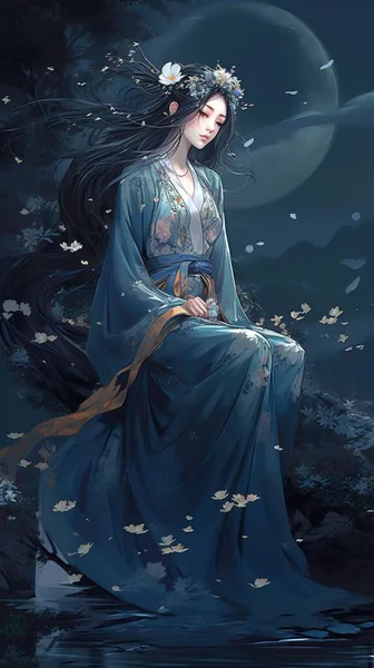 Japon anime tarzı bir kadının muhteşem bir karikatürü. Şık mavi elbiseli, çiçekli bir çayırda, dolunayda.