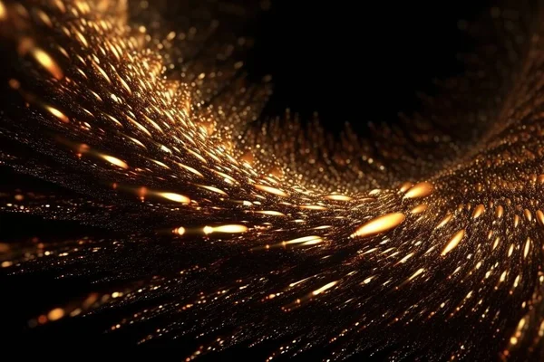 ネットワーク技術黄金の動き 曲線中の粒子の流れ 波線デジタル金未来抽象3D幾何学的背景 — ストック写真