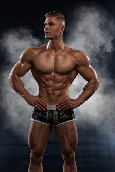 Attractive Sexy Bodybuilder Posing Shorts Studio Black Background Demonstrating Muscular — Stock Photo, Image