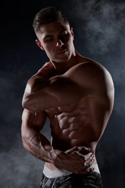 Hot Muscular Shirtless Man Wraps His Arms His Body Showing — Stock Photo, Image