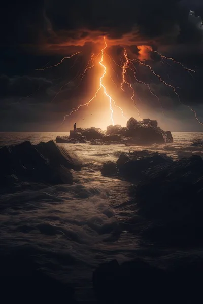 嵐の海の岩の上の稲妻 黒い雲の劇的な重い空からの嵐の天気 雷および複数の雷 — ストック写真