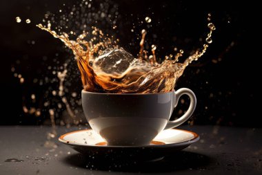 Siyah üzerine izole edilmiş, masanın üzerinde duran beyaz kahve fincanı. Sabah havasının dinamik enerjisi sınırda.