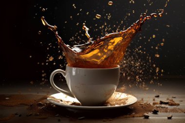 Siyah üzerine izole edilmiş, masanın üzerinde duran beyaz kahve fincanı. Sabah havasının dinamik enerjisi sınırda.