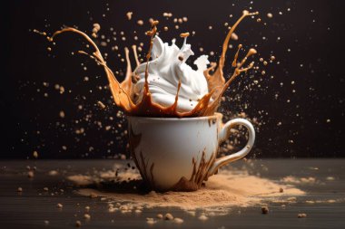 Siyah üzerine izole edilmiş, masanın üzerinde duran beyaz kahve fincanı. Sabah havasının dinamik enerjisi sınırda.