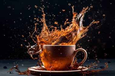 Siyah üzerine izole edilmiş, masanın üzerinde duran beyaz kahve fincanı. Sabah havasının dinamik enerjisi sınırda.