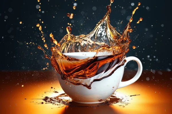 白咖啡杯 桌上放着飞溅的水花 与深色背景隔离 早晨情绪的动态能量正处于紧张状态 — 图库照片