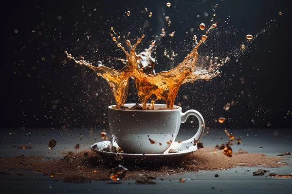 Vit Kopp Kaffe Med Stänk Stående Bordet Isolerad Svart Morgonstämningens — Stockfoto