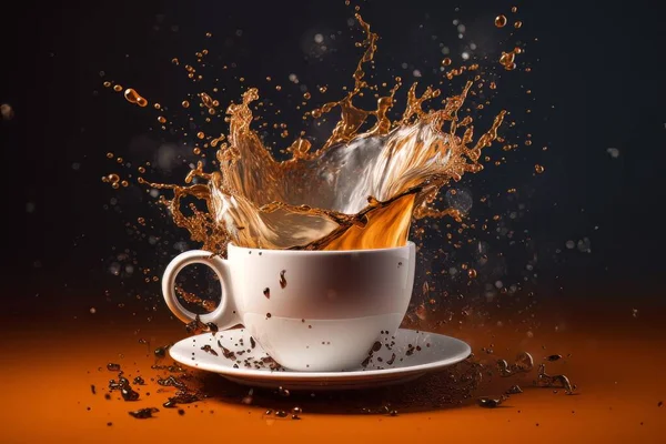 Bílý Šálek Kávy Šplouchnutím Stojící Stole Izolovaný Tmavém Pozadí Dynamická — Stock fotografie