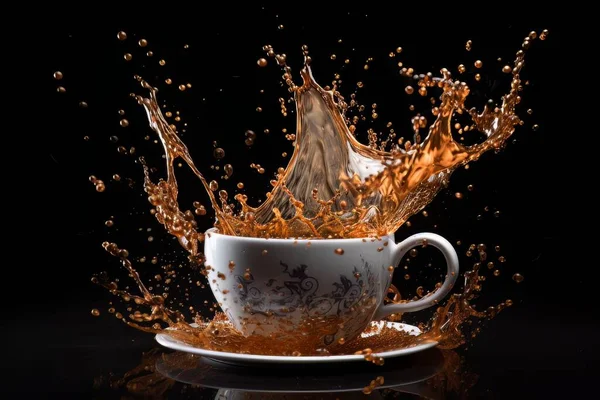 白咖啡杯 桌上放着飞溅的水花 与黑色隔离 早晨情绪的动态能量正处于紧张状态 — 图库照片