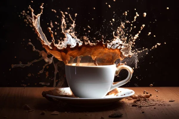 テーブルの上に立っているスプラッシュとホワイトカップのコーヒー 朝の気分のダイナミックなエネルギーはエッジにあります — ストック写真