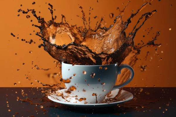 White cup of coffee with splash standing on the table, isolated on orange background. The dynamic energy of the morning mood is on edge