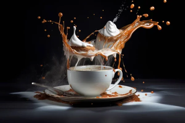 White Cup Coffee Splash Standing Table Isolated Black Dynamic Energy — Stock Photo, Image
