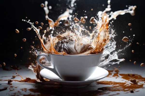테이블에 스플래시와 커피의 분위기의 역동적 에너지는 가장자리에 있습니다 — 스톡 사진