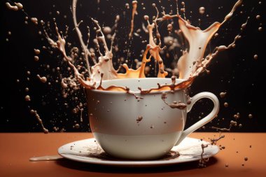 Siyah üzerine izole edilmiş, masanın üzerinde duran beyaz kahve fincanı. Sabah havasının dinamik enerjisi sınırda..