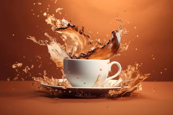 白咖啡杯 桌上放着飞溅的水花 与橙色背景隔离 早晨情绪的动态能量正处于紧张状态 — 图库照片