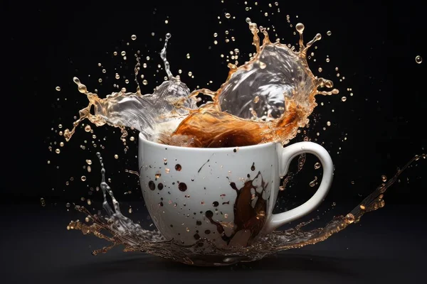 Weiße Tasse Kaffee Mit Spritzer Steht Auf Dem Tisch Isoliert — Stockfoto