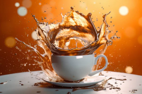 オレンジ色の背景に隔離されたテーブルの上にスプラッシュが立っているホワイトカップのコーヒー 朝の気分のダイナミックなエネルギーはエッジにあります — ストック写真