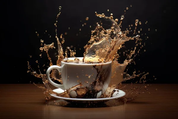 테이블에 스플래시와 커피의 분위기의 역동적 에너지는 가장자리에 있습니다 — 스톡 사진