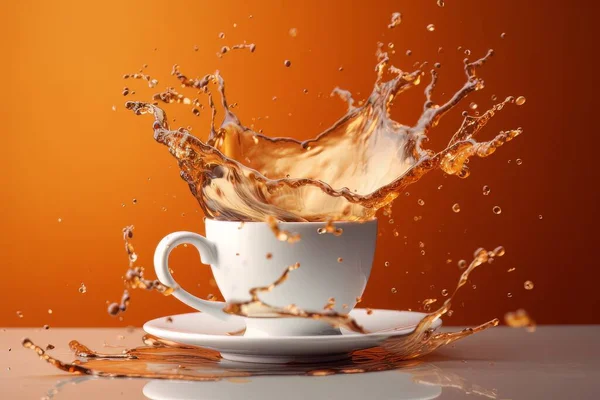 White cup of coffee with splash standing on the table, isolated on orange background. The dynamic energy of the morning mood is on edge.
