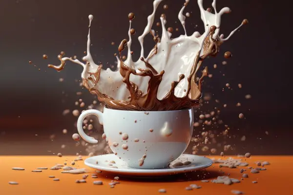 ホワイトカップのコーヒーとミルク オレンジ色のテーブルの上に立っているスプラッシュ 朝の気分のダイナミックなエネルギーはエッジにあります — ストック写真