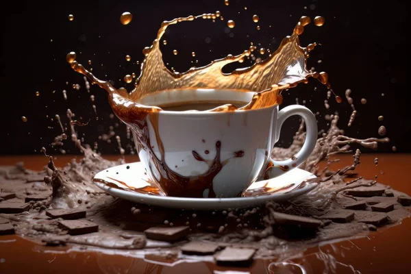 チョコレートに囲まれたテーブルの上に立っているホワイトカップのコーヒー 朝の気分のダイナミックなエネルギーはエッジにあります — ストック写真