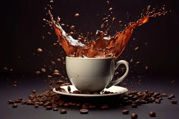 Bílý Šálek Kávy Šplouchnutím Stojící Stole Obklopený Kávovými Zrny Izolovanými — Stock fotografie