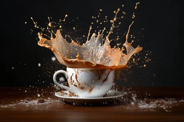 White Cup Coffee Splash Standing Table Isolated Black Dynamic Energy — Stock Photo, Image
