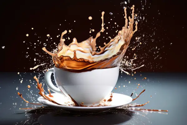 テーブルの上に立っているスプラッシュとホワイトカップのコーヒー 朝の気分のダイナミックなエネルギーはエッジにあります — ストック写真