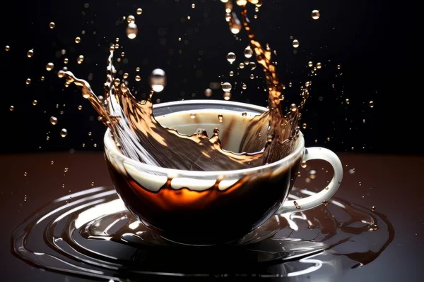 Witte Kop Koffie Met Plons Tafel Geïsoleerd Zwart Dynamische Energie — Stockfoto