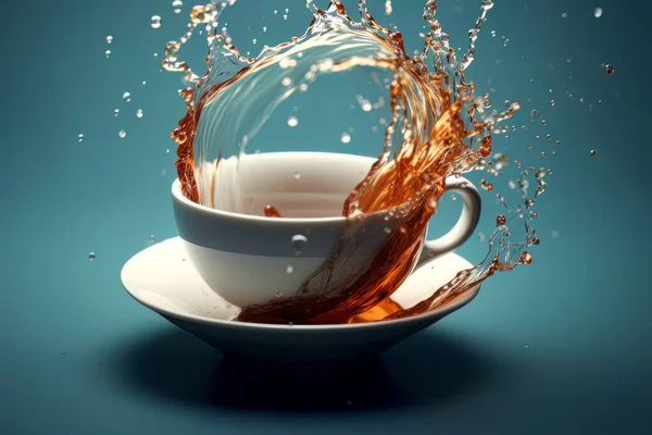 White cup of coffee with splash standing on the table, isolated on bllue. The dynamic energy of the morning mood is on edge