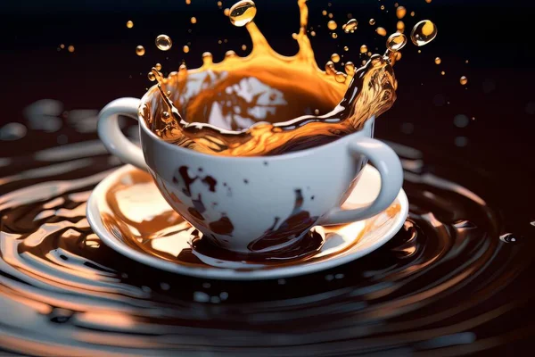 Fehér Csésze Kávé Csobbanással Asztalon Feketén Elszigetelve Reggeli Hangulat Lendületes — Stock Fotó
