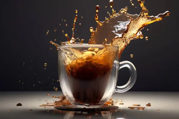 Przezroczysta Filiżanka Kawy Pluskiem Stojącym Stole Odizolowana Czarno Dynamiczna Energia — Zdjęcie stockowe