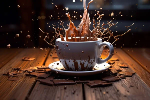 Tazza Bianca Caffè Con Splash Stand Tavolo Legno Circondato Cioccolato — Foto Stock