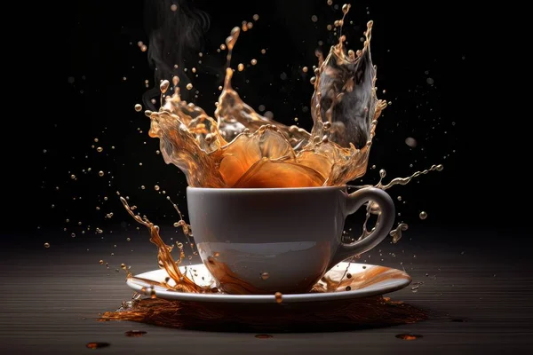Fehér Csésze Kávé Csobbanással Asztalon Feketén Elszigetelve Reggeli Hangulat Lendületes — Stock Fotó