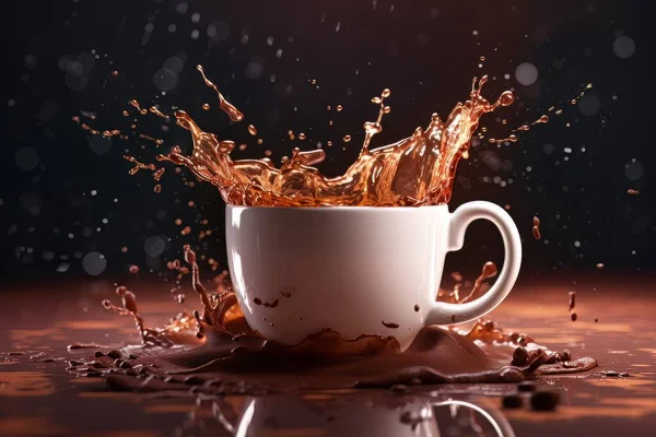 Weiße Tasse Kaffee Mit Spritzer Steht Auf Dem Tisch Isoliert — Stockfoto