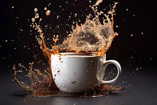 白咖啡杯 桌上放着飞溅的水花 与黑色隔离 早晨情绪的动态能量正处于紧张状态 — 图库照片