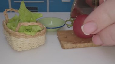 İnsan maket malzemelerini ustalıkla hazırlar sebzeleri doğrar ve onları küçük yemek takımlarına yerleştirir. Renkli mutfak yemek pişirme sürecine cazibe katıyor..