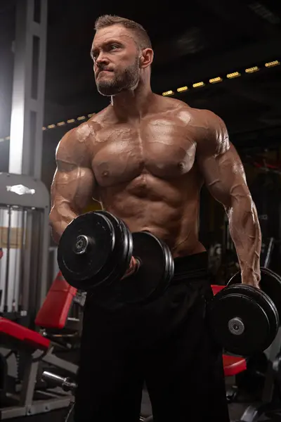 Kaslı adam akşamları spor salonunda dambılları kaldırır. Güç ve zindelik kazanma üzerine odaklanmış egzersiz rutinini uygularken güçlü bir kararlılık sergiliyor..
