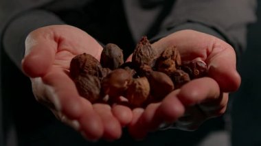 Başörtüsü takan kadın açık ellerinde Argan fındığı koleksiyonu ile canlı pazarda duruyor. Çevredeki atmosfer sıcak ve canlı..